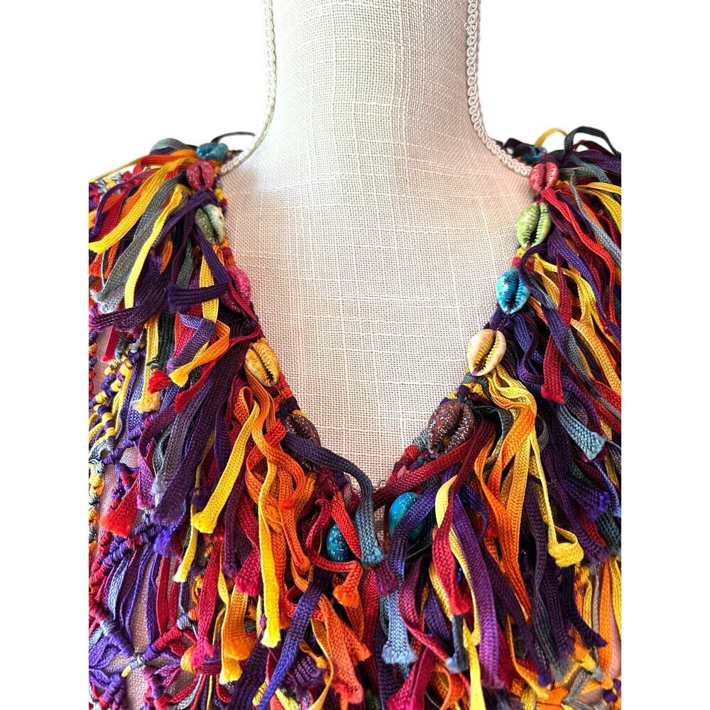 Sandy Starkman Fringe Ribbon Jacket Top Cowrie Shell Boho Festival Artwear L - Picture 4 of 9